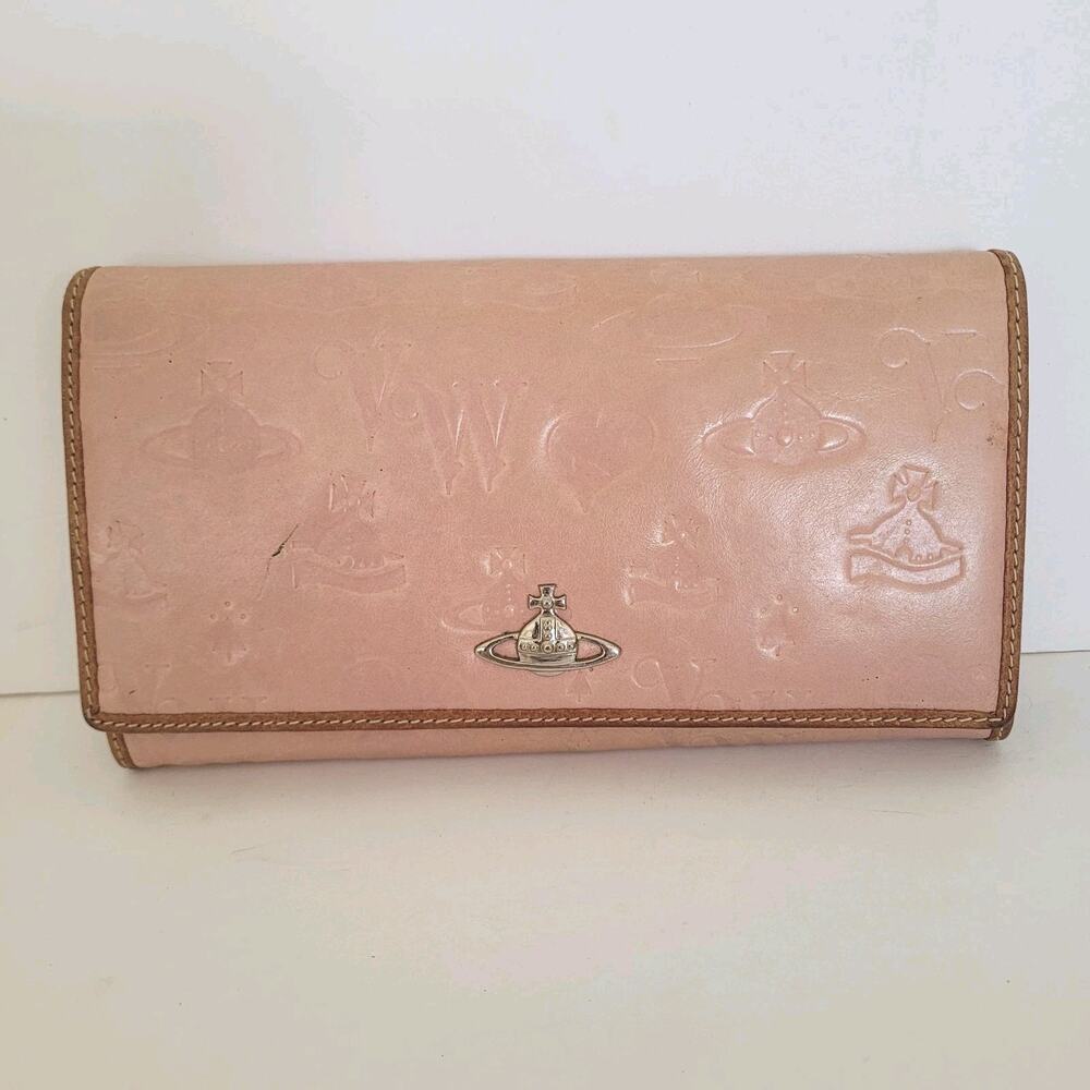 Vivienne Westwood Orbit Logo Wallet Clutch Pink Brown Large Leather Envelope
